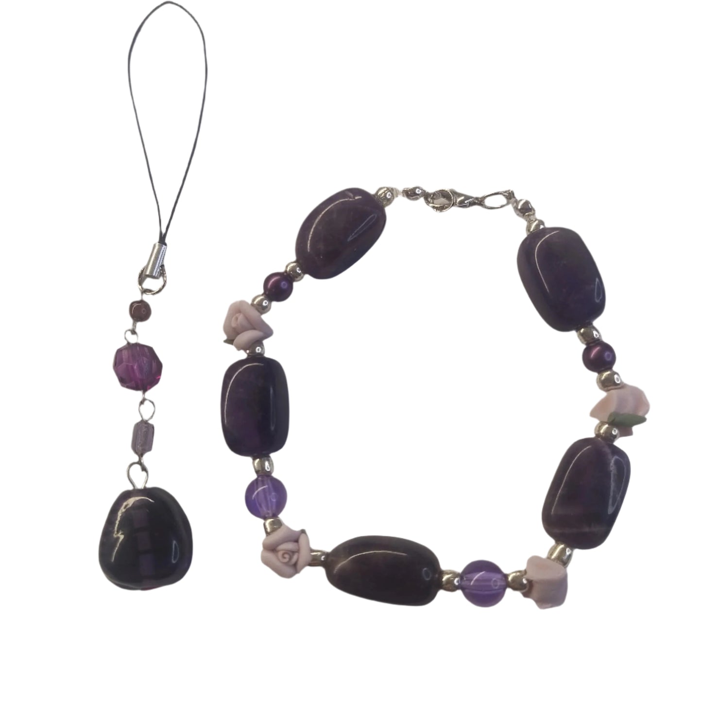 Elegant Purple Gemstone Bracelet Matching Phone Charm Set