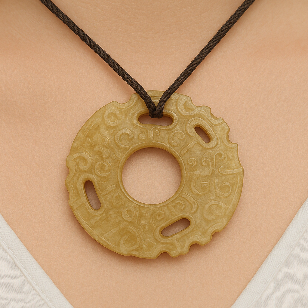 Ancient Style Carved Jade Bi Disc Pendant – Tribal Motif, Natural Stone Amulet