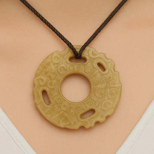 Ancient Style Carved Jade Bi Disc Pendant – Tribal Motif, Natural Stone Amulet