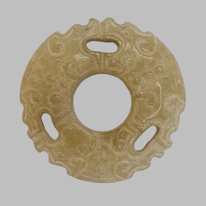 Ancient Style Carved Jade Bi Disc Pendant – Tribal Motif, Natural Stone Amulet