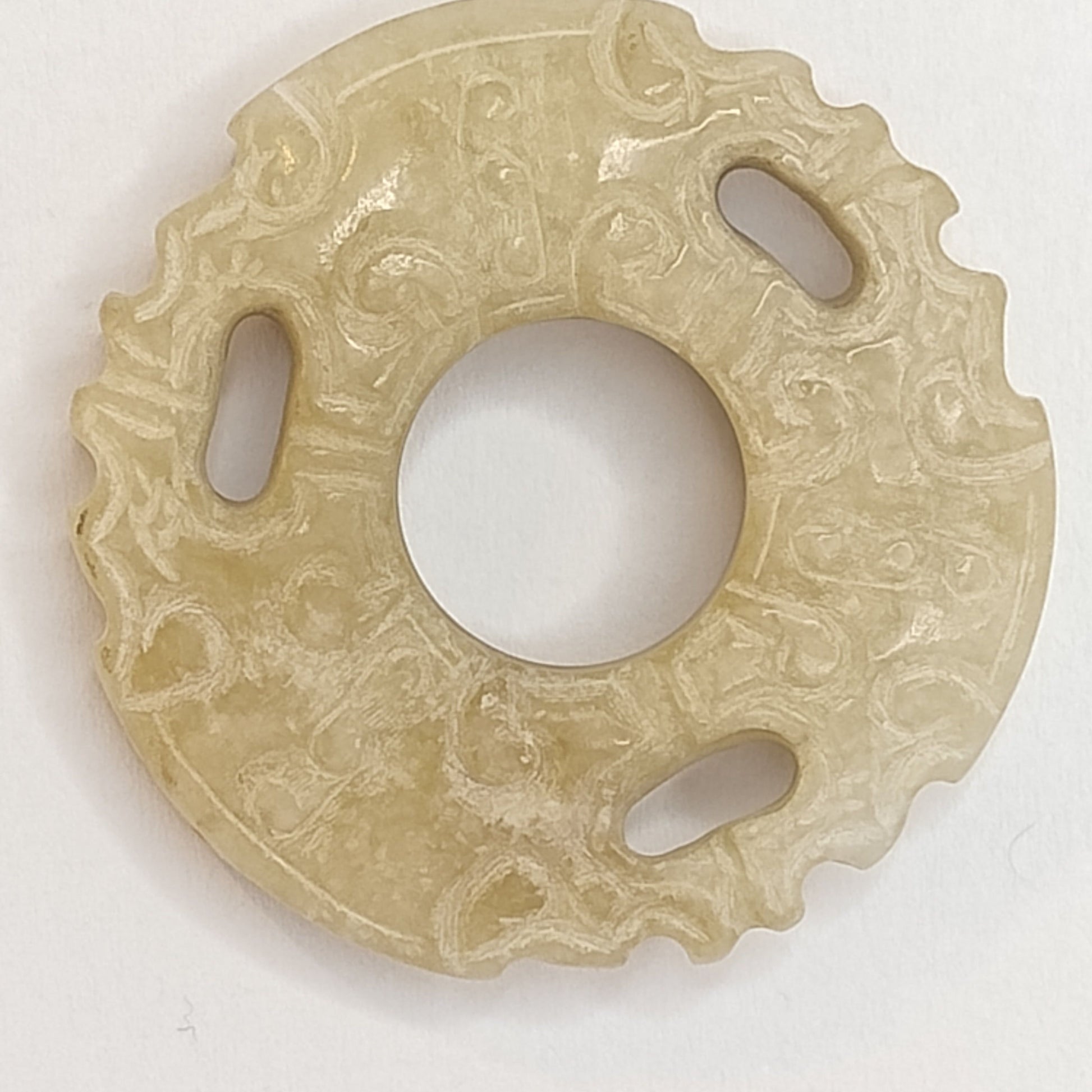 Ancient Style Carved Jade Bi Disc Pendant – Tribal Motif, Natural Stone Amulet Roller