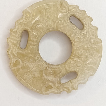 Ancient Style Carved Jade Bi Disc Pendant – Tribal Motif, Natural Stone Amulet Roller