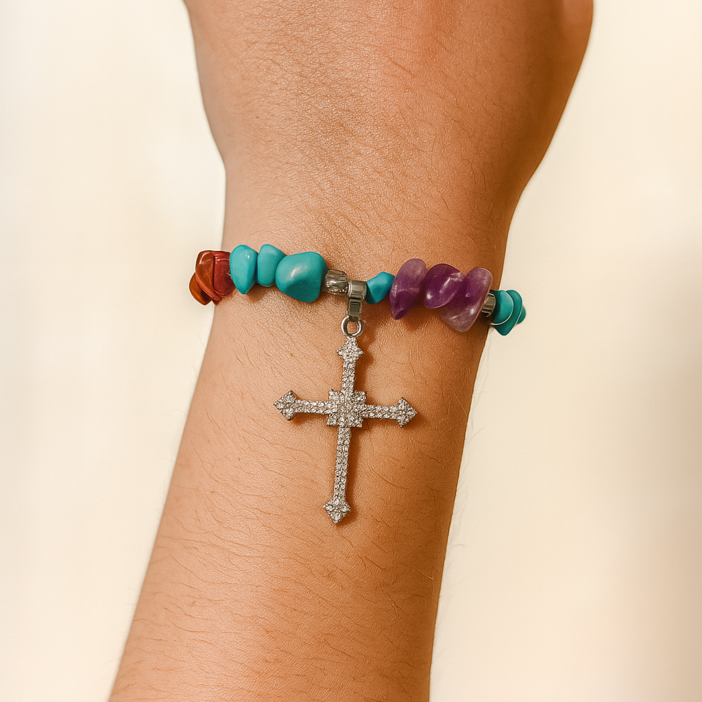 Boho Gemstone Bracelet with Silver Cross Pendant – Multi-Stone Chip Design 2