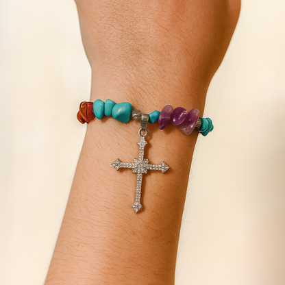 Boho Gemstone Bracelet with Silver Cross Pendant – Multi-Stone Chip Design 2