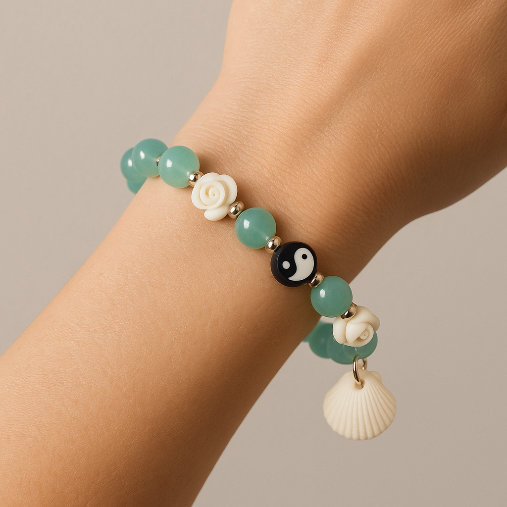 Ocean Spirit Bracelet – Sea Green Beads with Shell &amp; Rose Charms