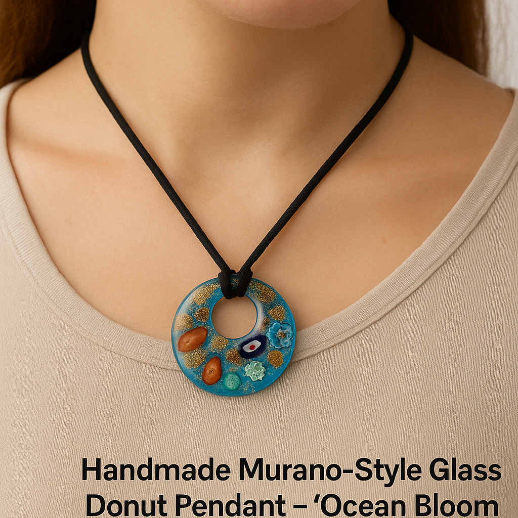 Handmade Murano-Style Glass Donut Pendant – Ocean Bloom Lady