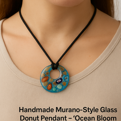 Handmade Murano-Style Glass Donut Pendant – Ocean Bloom Lady