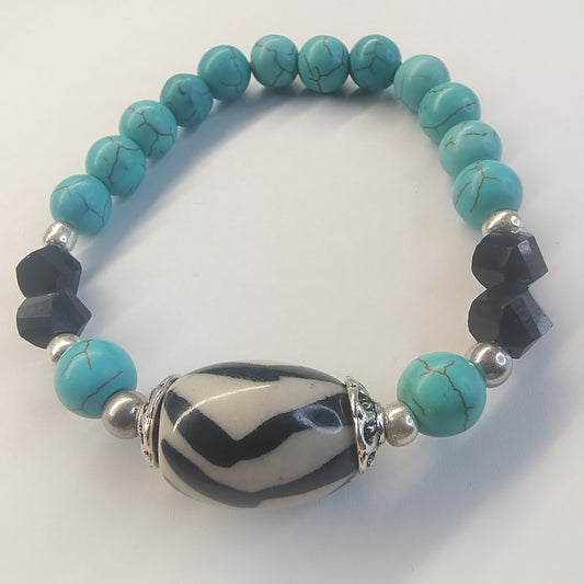 Handmade Turquoise&nbsp; Onyx Bracelet with Central Dzi-Style Bead