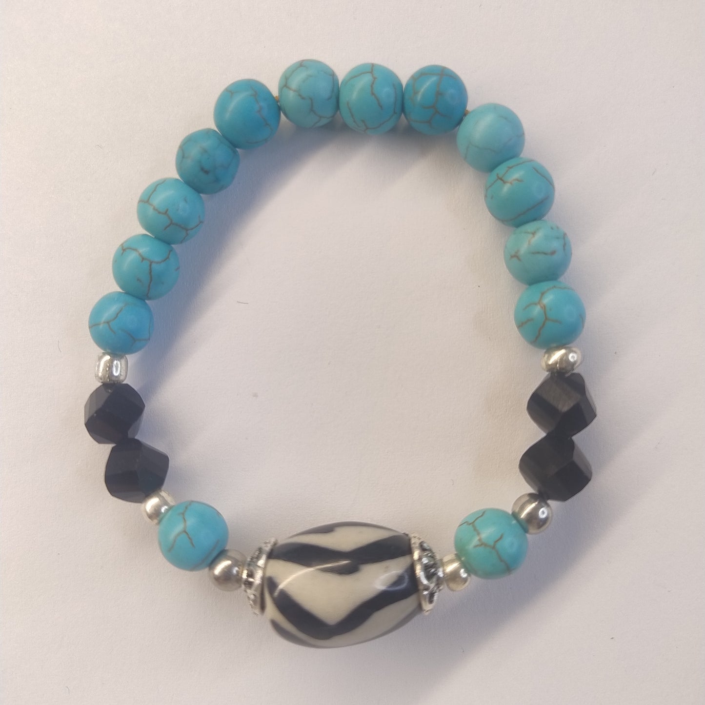 Handmade Turquoise &amp; Onyx Bracelet with Central Dzi-Style Bead