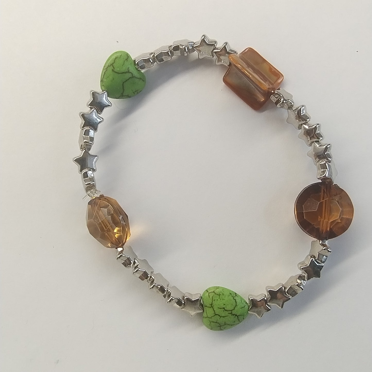 Starry Harmony Bracelet with Green Hearts &amp; Amber Accents