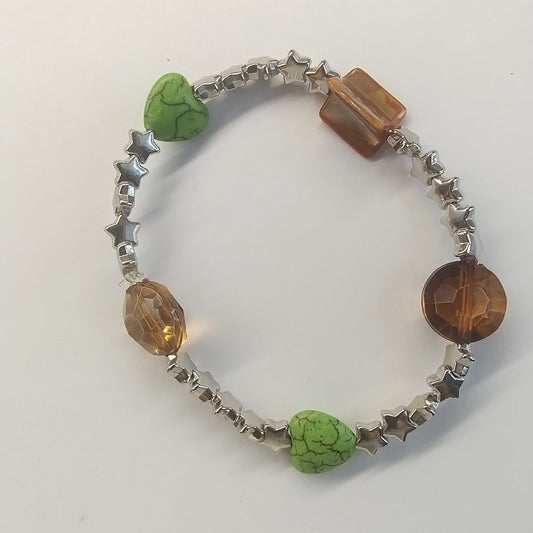 Starry Harmony Bracelet with Green Hearts &amp; Amber Accents