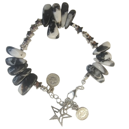 Night Star Charm Bracelet – Black &amp; White Natural Stone with Coins and Stars