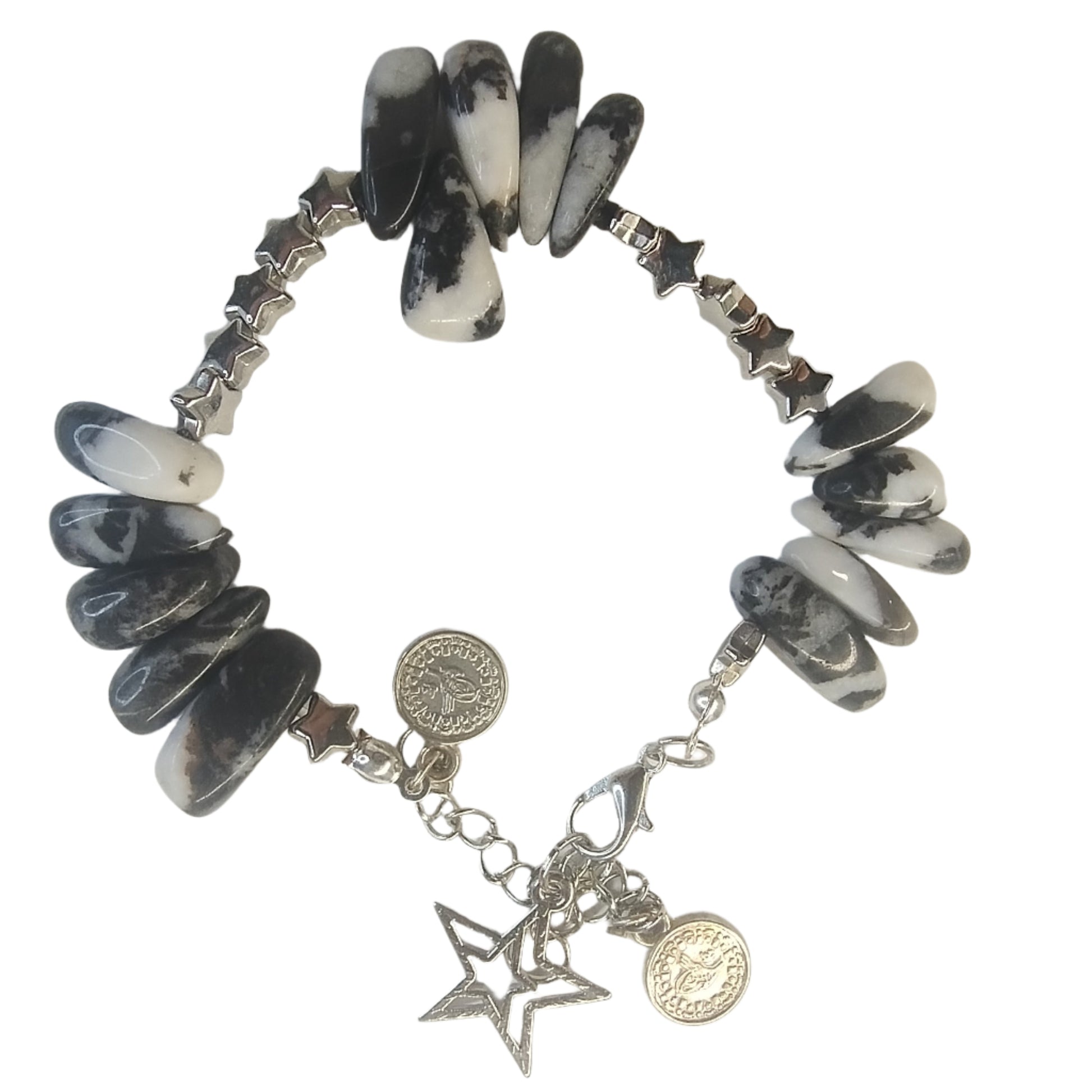 Night Star Charm Bracelet – Black &amp; White Natural Stone with Coins and Stars 1