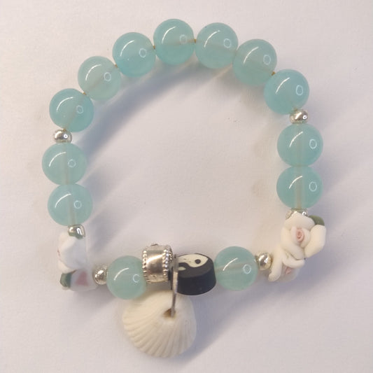 Ocean Spirit Bracelet – Sea Green Beads with Shell &amp; Rose Charms