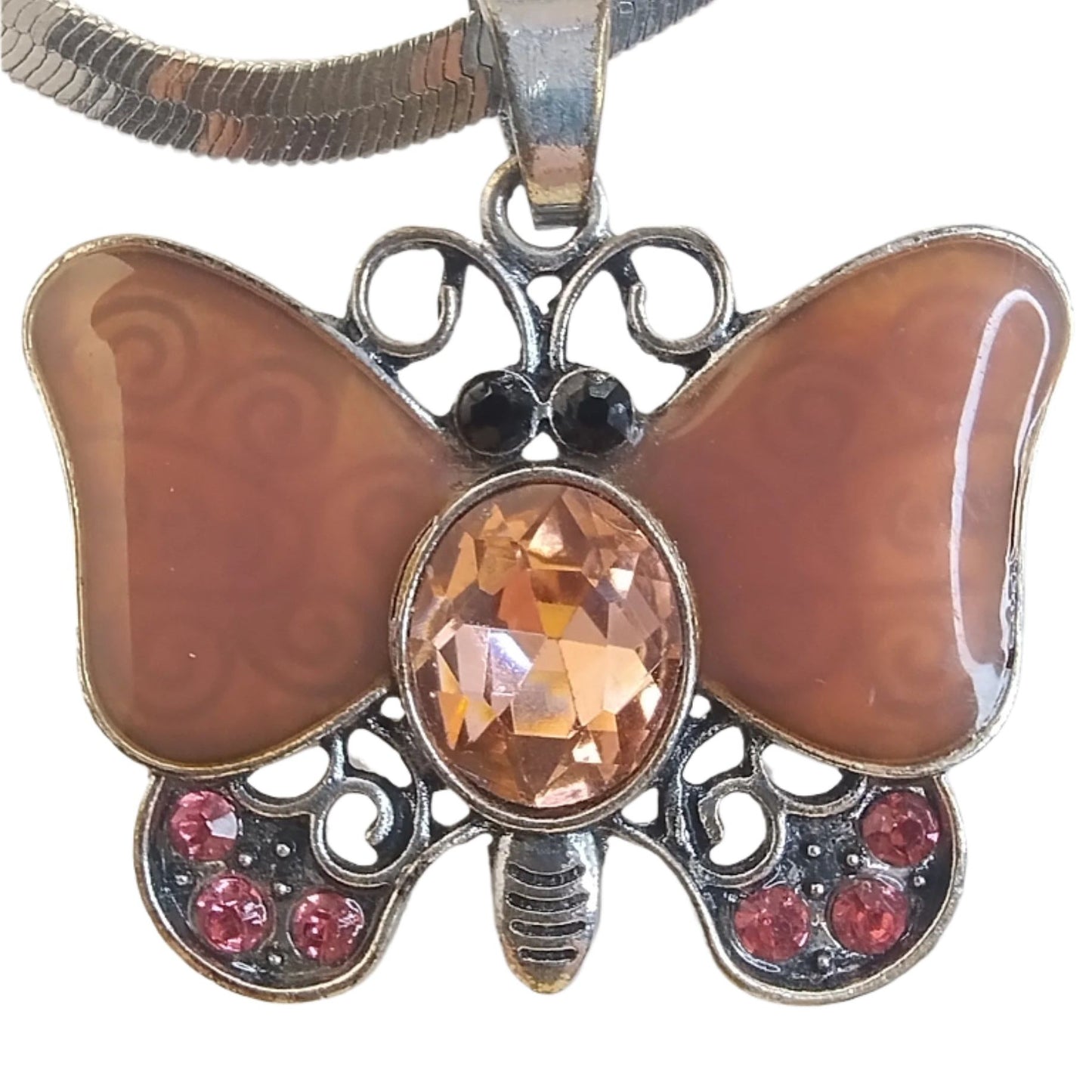 Vintage Butterfly Pendant Necklace – Amber  Crystal Accents