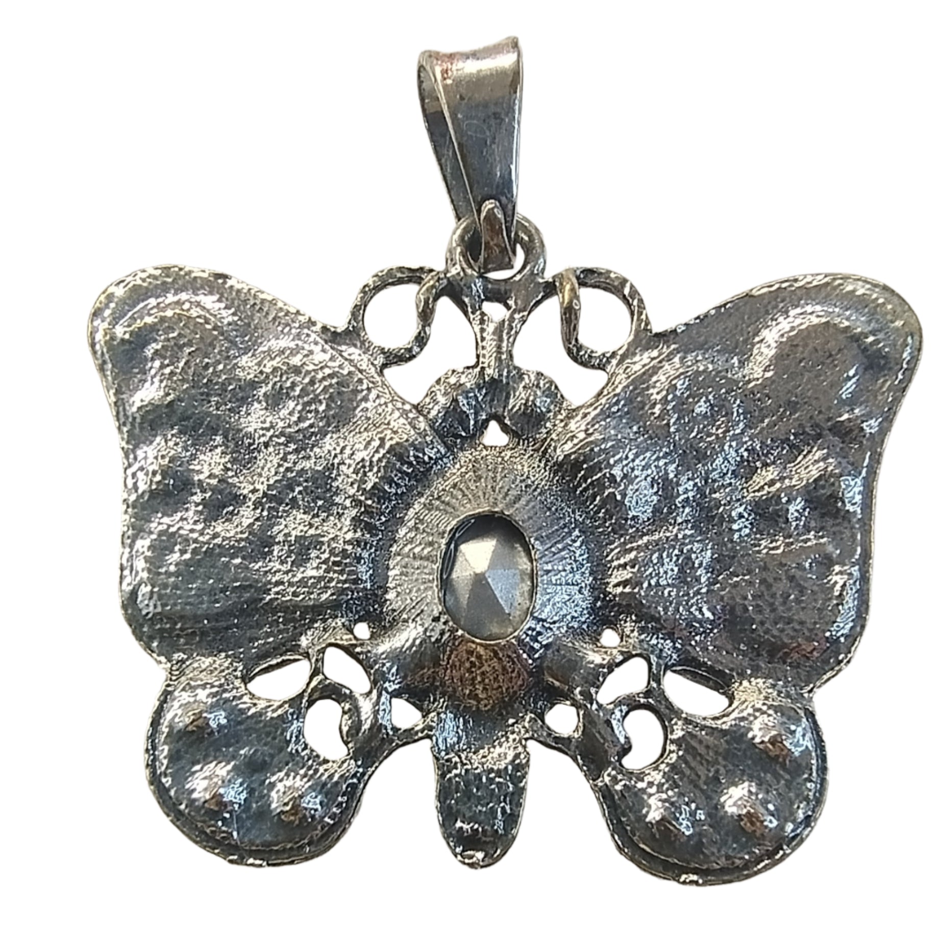 Vintage Butterfly Pendant Necklace – Amber  Crystal Accents Back