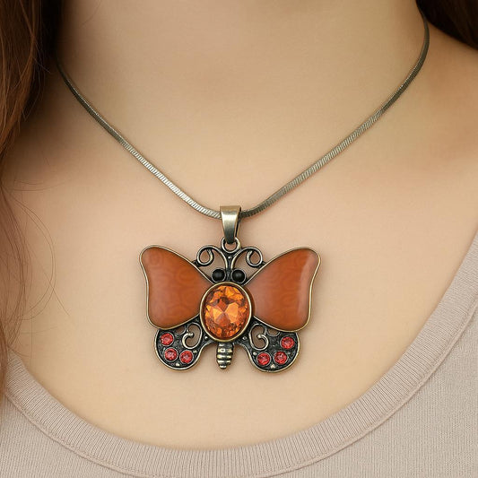 Vintage Butterfly Pendant Necklace – Amber  Crystal Accents
